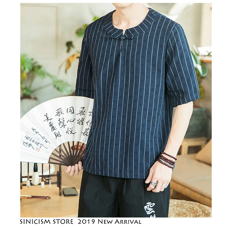 Sinicism Store мужская повседневная полосатая футболка мужские летние винтажные футболки мужские хлопковые льняные футболки с круглым вырезом одежда в китайском стиле