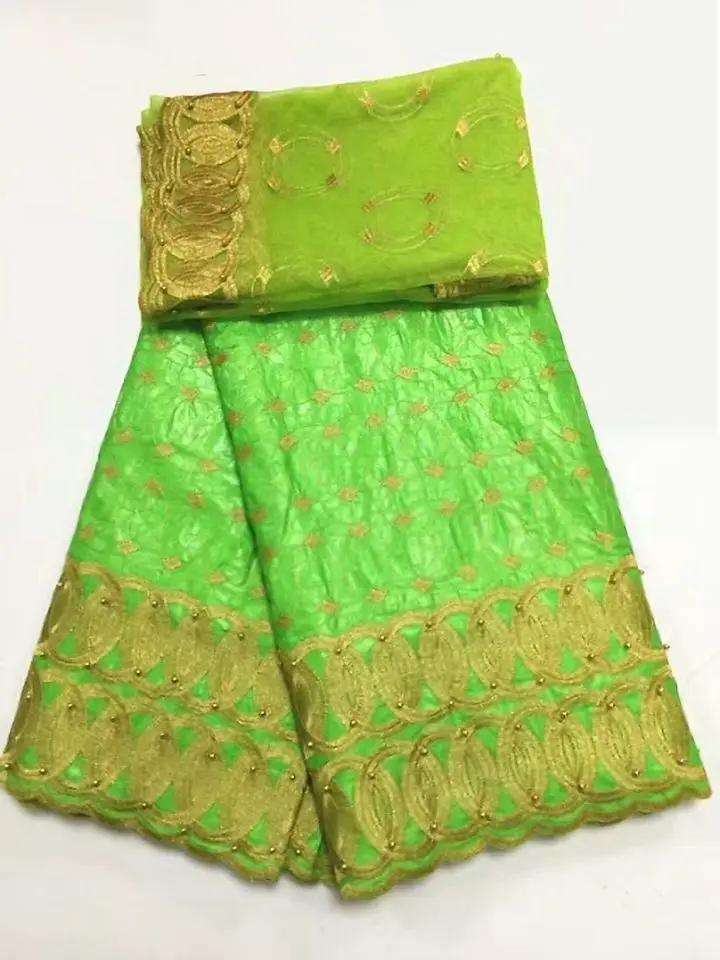 5Y Beautiful lemon green african Bazin brocade lace fabric and 2Y french net embroidery with beads for dress BZ1-1 | Дом и сад