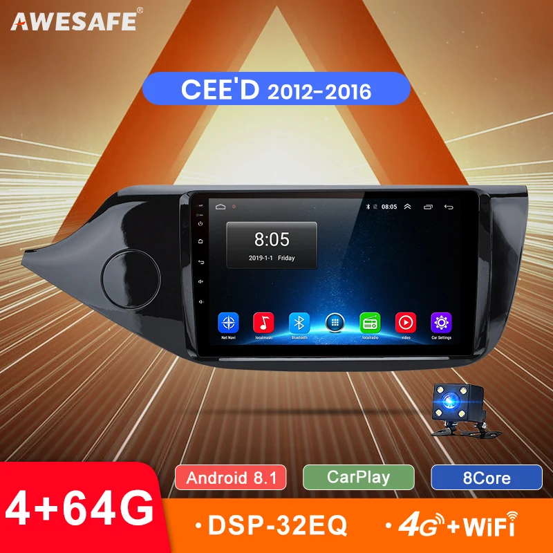 AWESAFE 2 Din 9 ''дюймовый Android 8,1 4+ 64G Автомобильный Радио плеер автомобильная аудио поддержка камеры заднего вида для KIA Cee 'd CEED 2012- no DVD