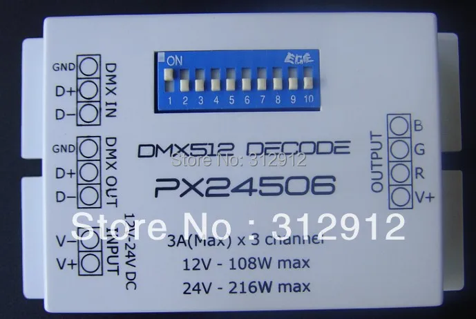 

PX24506;3A * 3 канала dmx декодер постоянного напряжения, DC12-24V вход