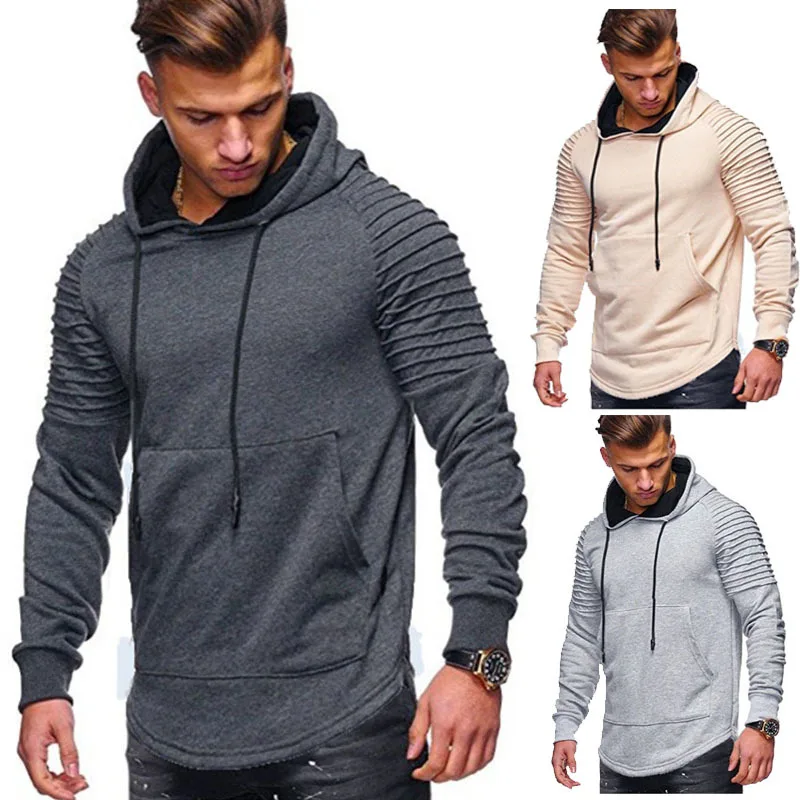 

2018 men's hoodie autumn and winter fashion solid color striped long-sleeved pleated rags pullover hoodies men size M-3XL