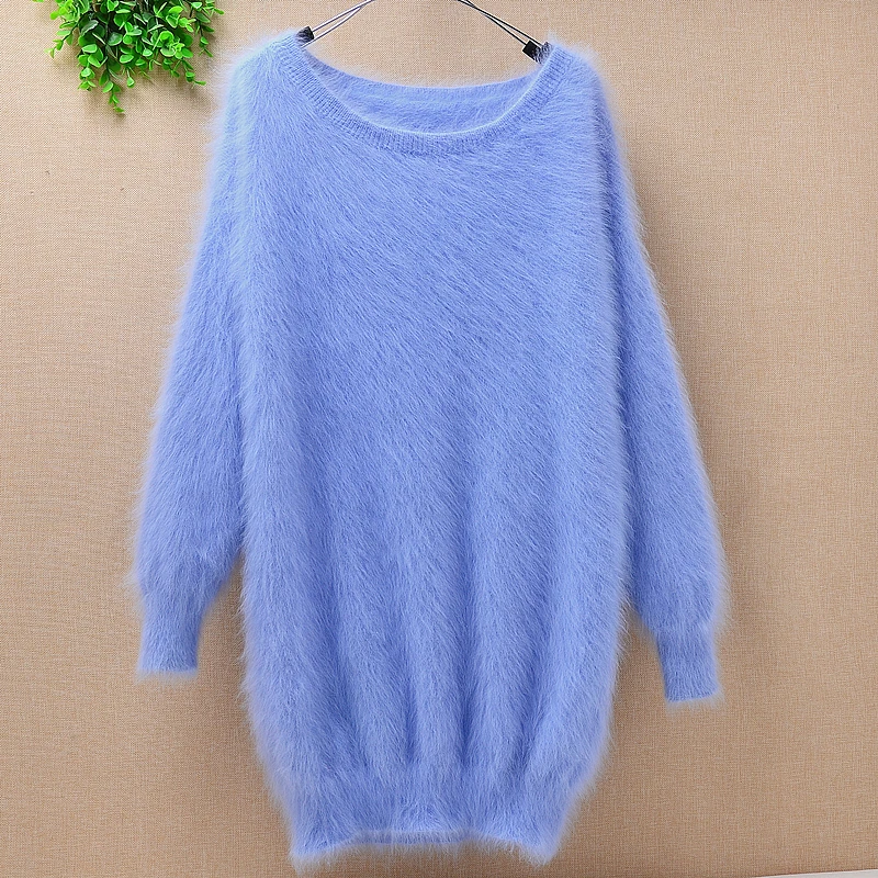 Ladies women medium long genuine mink cashmere o-neck loose fluffy angora rabbit fur hand knitted pullover sweater dress | Женская