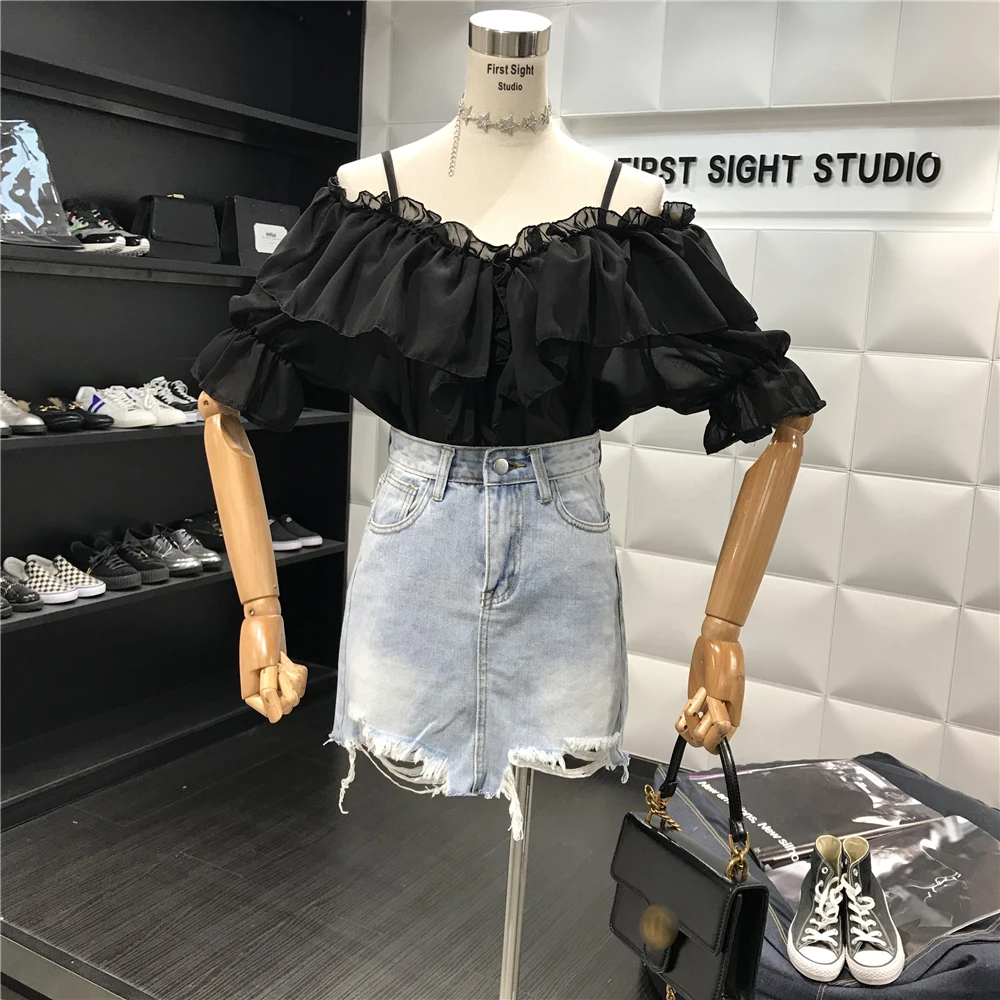 Женская шифоновая блузка ALPHALMODA с оборками и открытыми плечами рукавом до локтя