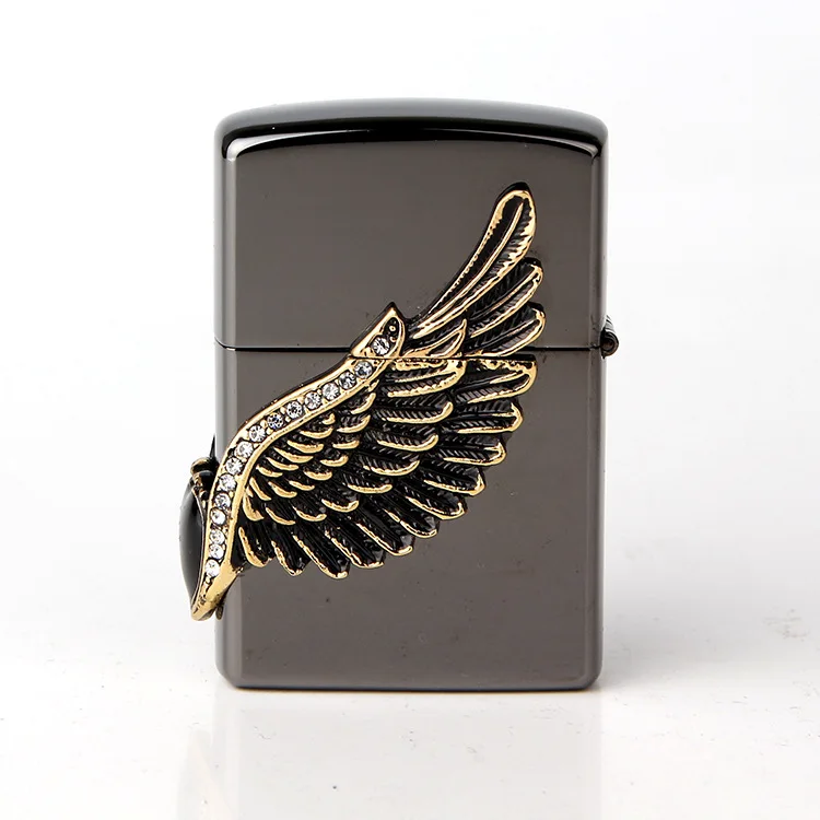 Керосиновая Зажигалка Angel wings черная зеркальная с ангельскими крыльями винтажная