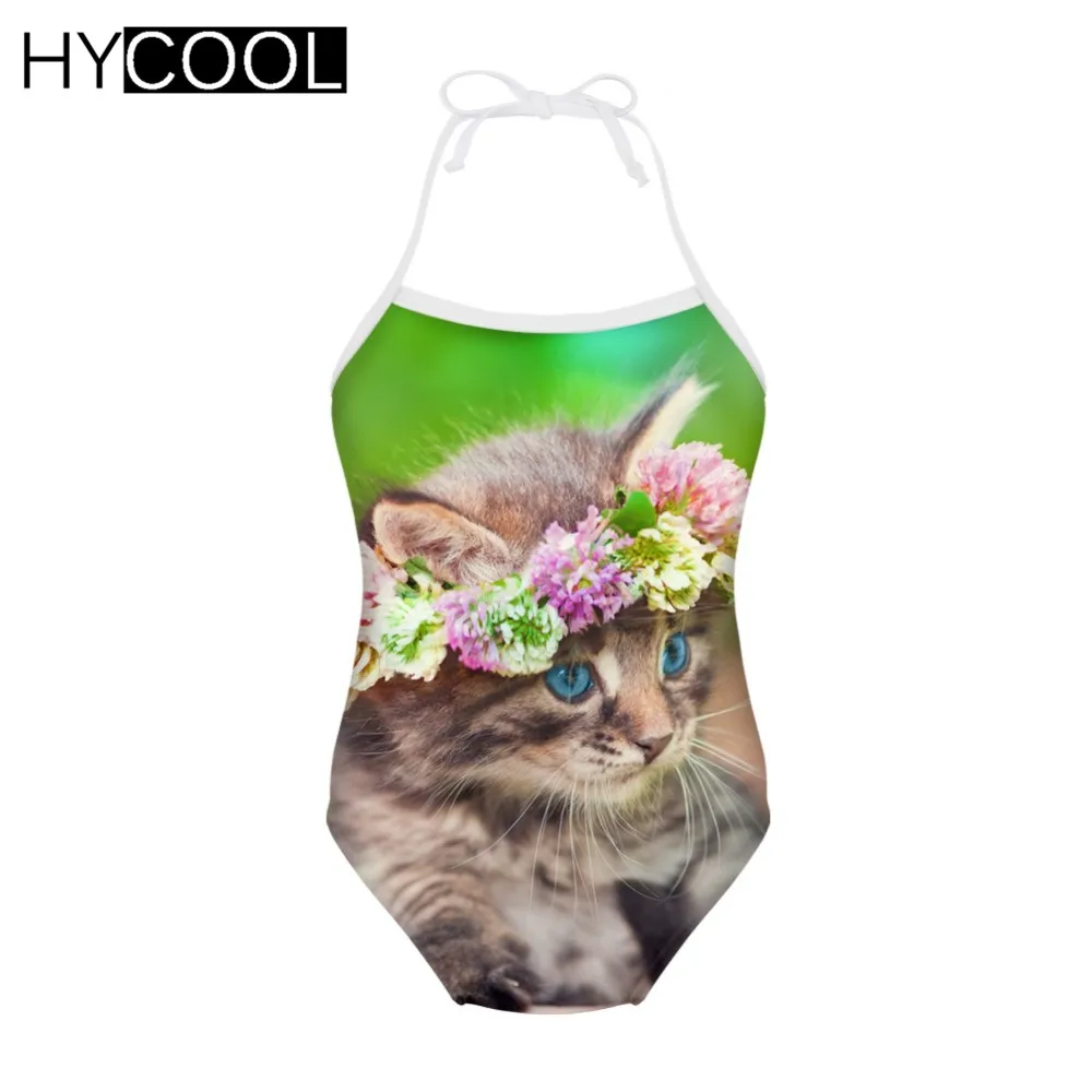 Детский слитный купальник HYCOOL зеленый купальный костюм с принтом кошек и цветов пляжная одежда для