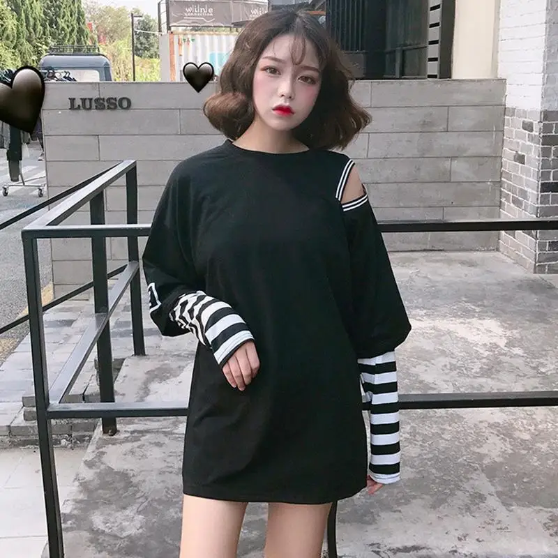 

Fake Two Pieces Tees Long Sleeve 2019 Spring T-Shirts Women Harajuku Striped Sleeve Patchwork Femme Streetwear Out Fashion