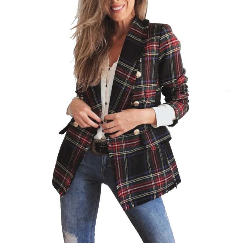 Винтажная клетчатая твидовая куртка пальто с длинным рукавом Veste Femme Modis женская новая весенняя уличная двубортная куртка с карманами