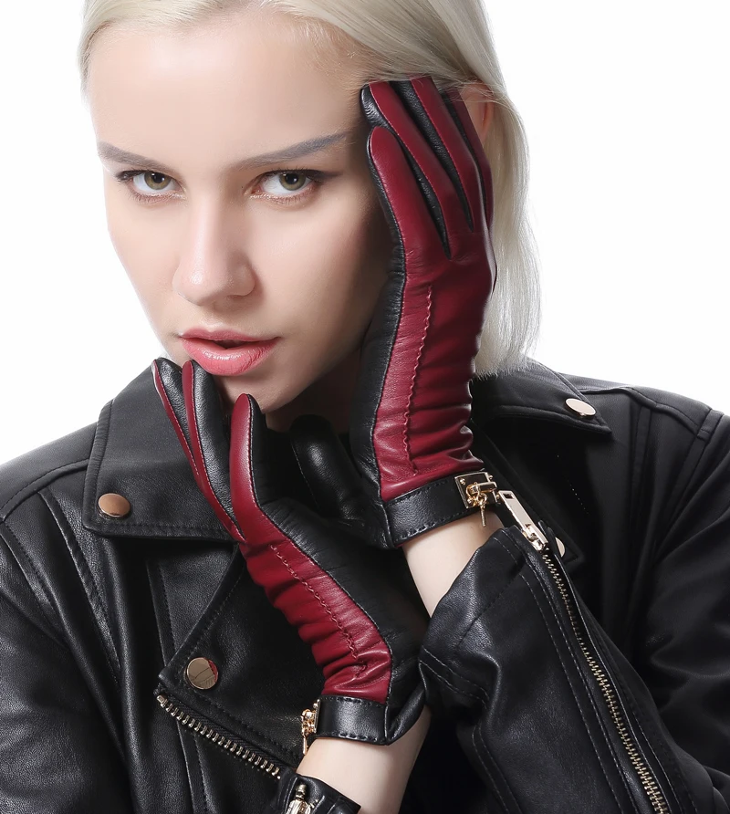 Женские модные зимние теплые комбинированные цветные кожаные перчатки с