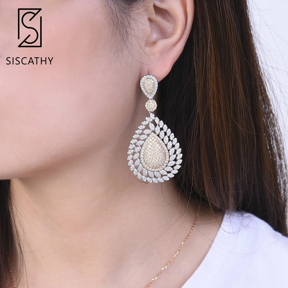 

SISCATHY 32*64mm Big Waterdrop Earrings For Women AAA Cubic Zirconia Inlaid Indian Nigerian Engagement Drop Dangle Earrings