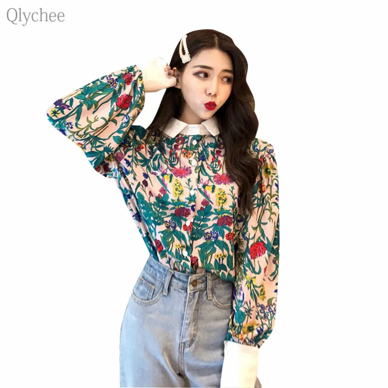 Qlychee цветочный отложной воротник пэчворк блузки женские с длинным рукавом