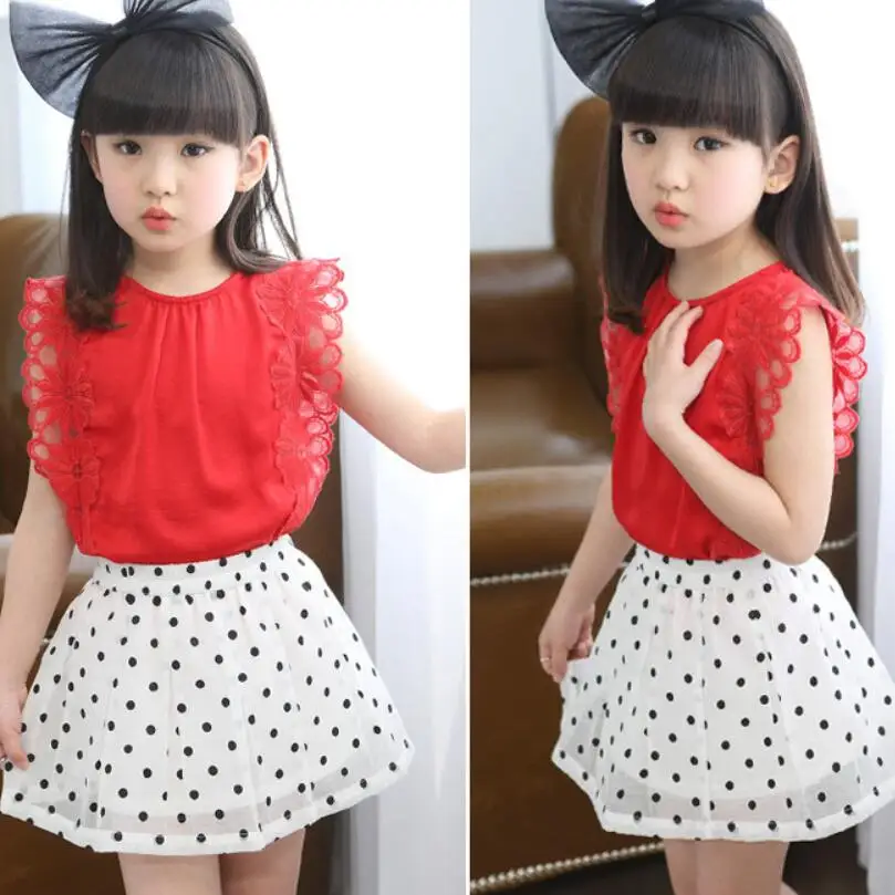 2 шт. кружевной топ и юбка пачка для девочек в горошек|Комплекты одежды девочек| |