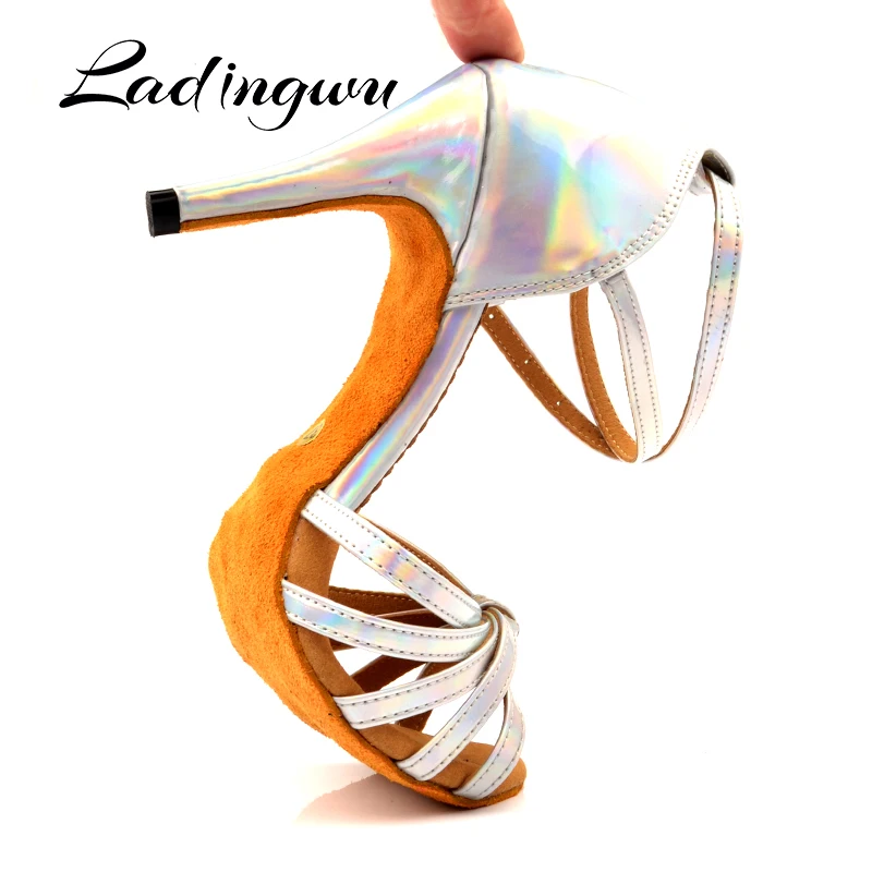 Ladingwu/туфли для латинских танцев; обувь для сальсы; обувь для танцев; Цвет Серебристый; Обувь для бальных танцев из искусственной кожи; женская обувь на каблуке 6-10 см