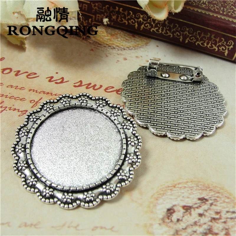 

RONGQING 20pcs/lot Flower Lines Brooch Cabochon Base Settings 25mm Round Cameo Settings DIY Jewelry Making