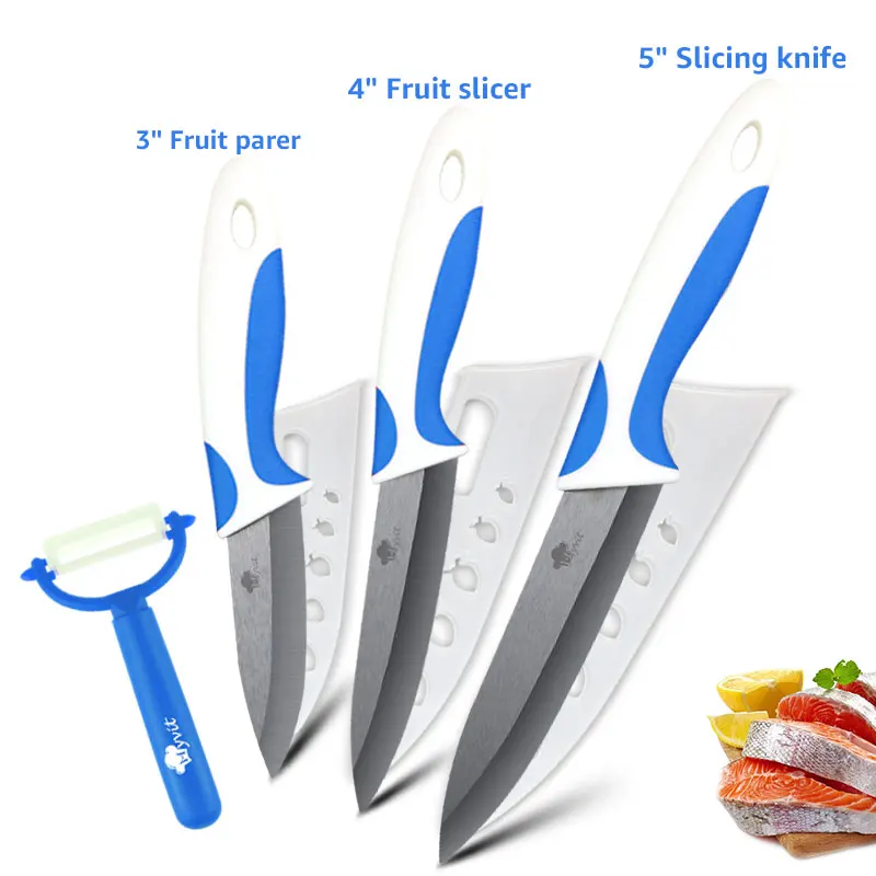 345 BLUE WHITE Кухонный керамический нож 3, 4, 5, 6 дюймов+ Овощечистка шеф-повара, нож для нарезки фруктов и овощей, черное лезвие, кухонный инструмент для приготовления пищи - Цвет: 345 BLUE WHITE