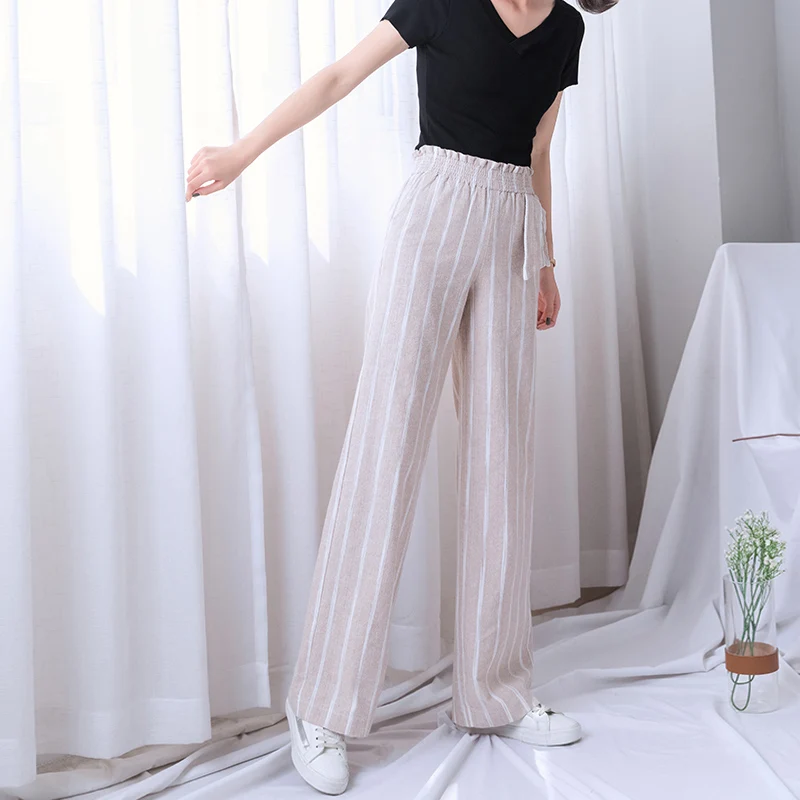 Хлопковые льняные широкие брюки женские летние с высокой талией в полоску