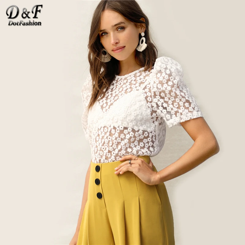 Dotfashion белый узел сзади с пышными рукавами Цветочная вышивка с сеткой женские летние топы летние сексуальные с коротким рукавом корейские блузки