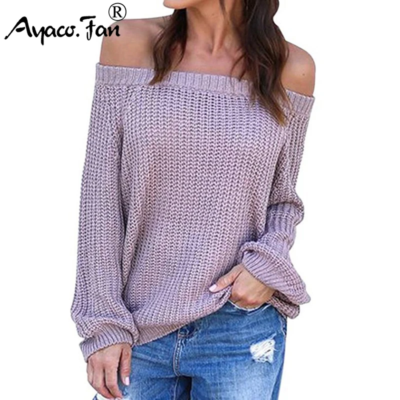 Pullovers 2019 Autumn Winter New Solid Off Shoulder Lantern Sleeve Knitted Sweaters for Women Female Lady Loose Pull Plus Size | Женская