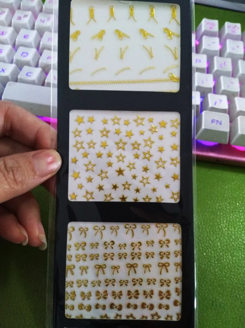 DIY молния/звезда/лук перевязанные цветы дизайн ногтей 3D наклейки-татуировки для ногтей Переводные золотые цвета 3 листа/лот для украшения ногтей
