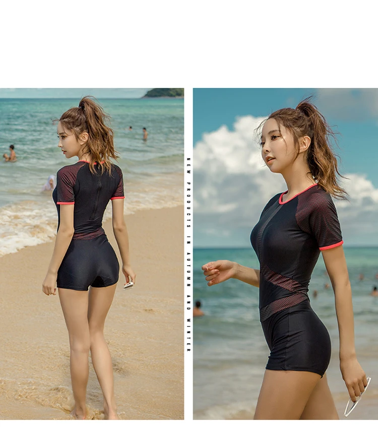Mesh Patchwork Rash Guard Women Solid Swimwear Short Sleeve Swimsuit Shorts Surfing Suit Black Bathing Suit Korea Diving Clothes