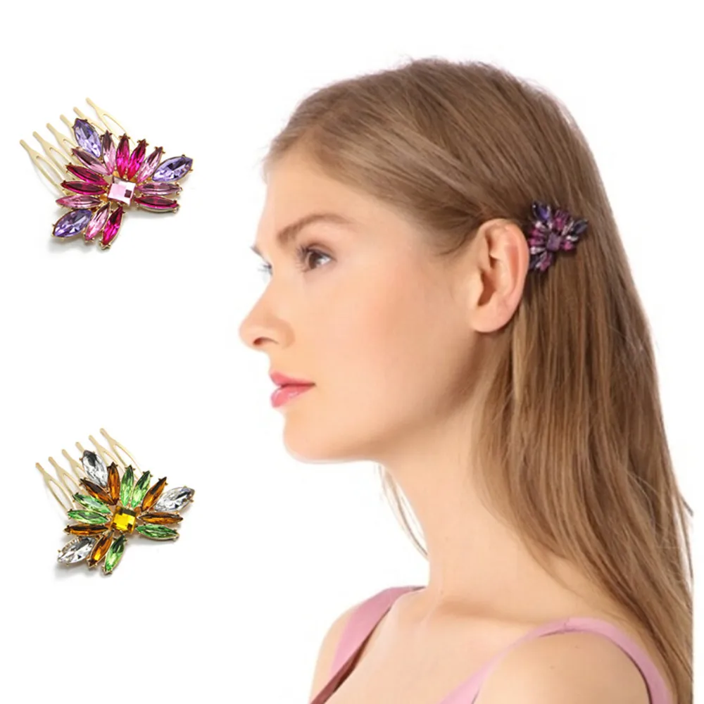 Новые разноцветные заколки для волос со стразами расческа цветы 5-toothes бохо