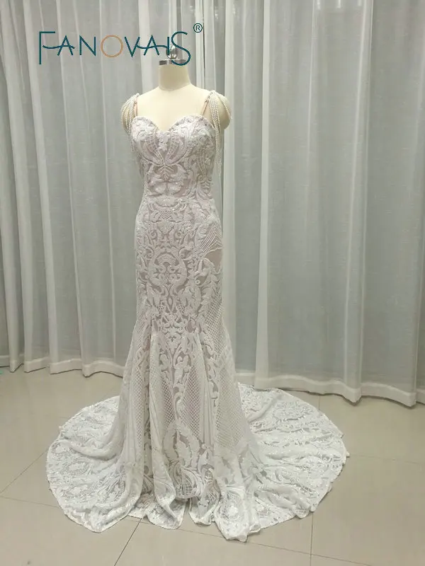 Кружева Русалка свадебные платья спагетти жемчуг роскошные robe de mariee Vestido novia 2019