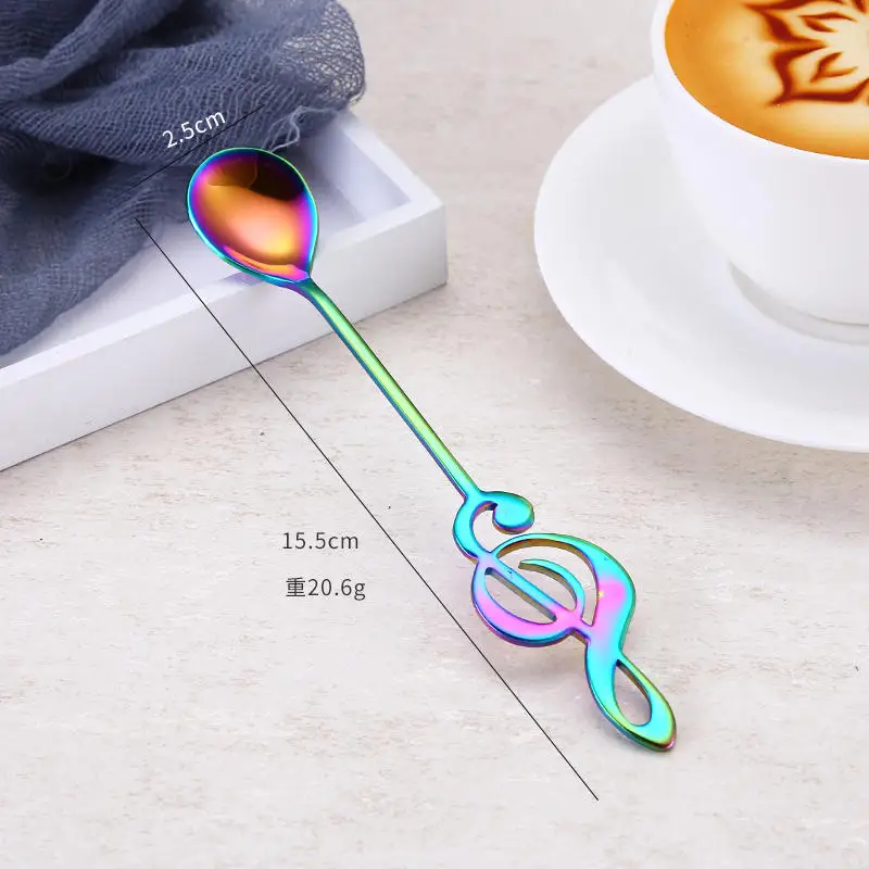 

304 Stainless Steel Colorful Coffee Milk Stirring Teaspoon Portable Dessert Ice-cream Spoon with Music Note Handle 15.5*2.5cm