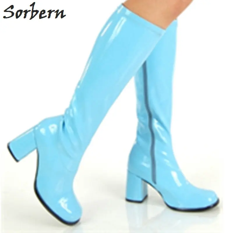 Sky Blue Shiny Sorbern/костюмы на Хэллоуин; женские сапоги до колена с квадратным носком; коллекция 1960 года; Сапоги GOGO в винтажном стиле; 60s 70 s; модные вечерние размера плюс - Цвет: Sky Blue Shiny