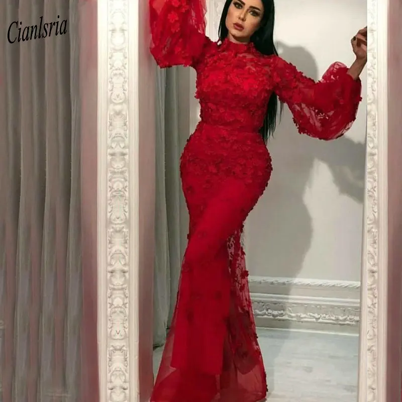 

Red Long Sleeve Mermaid Muslim Evening Dress 2020 With Handmade Flower High Neck Saudi Dubai Kaftan Arabic Evening Party Dresses