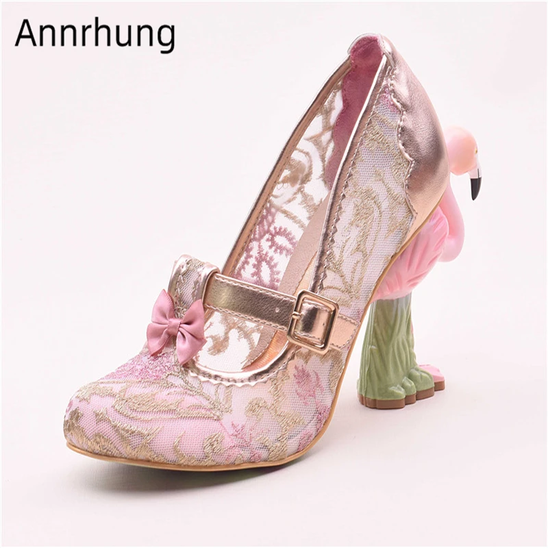 

Sweet Pink Lace Mary Janes Shoes Woman Round Toe Strange Heel Air Mesh Party Heels Novelty Flamingo Heel Wedding Pumps Women