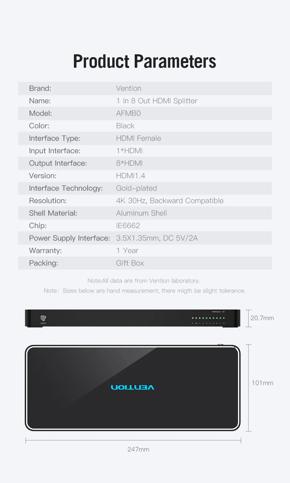 Vention HDMI сплиттер 1 в 8 выход 4 к 1x8 сплиттер HDMI переключатель адаптер с блоком питания для ТВ PS3/4 ноутбука HDMI сплиттер