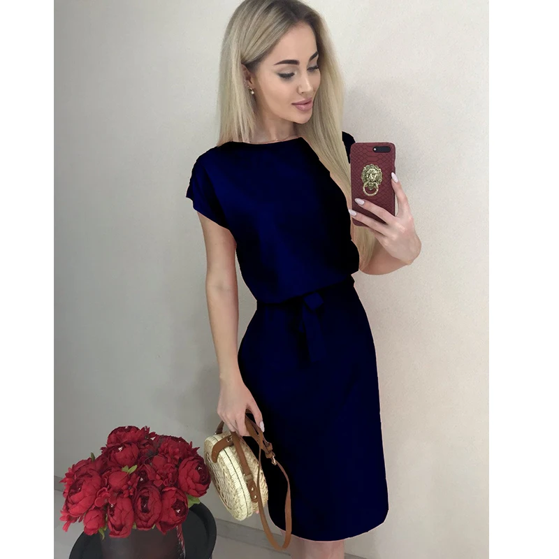 Women Vintage Sashes A-line Party Dress Short Sleeve O neck Solid Elegant Knee Length 2019 Summer New Fashion | Женская одежда