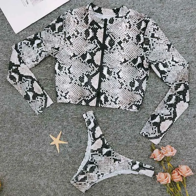 Змеиный принт бикини на молнии 2019 длинный рукав купальники для женщин Высокая