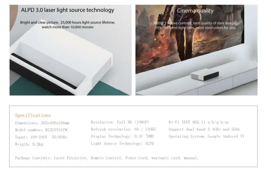 Лазерный Проекционный телевизор Xiaomi Mijia 150 дюймов 1080 Full HD 2,4G/5G Bluetooth 3D Поддержка 4K видео ТВ Android Dolby DTS