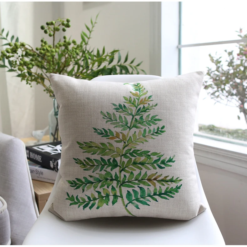 Чехол для подушки льняной с акварельными тропическими листьями зеленый