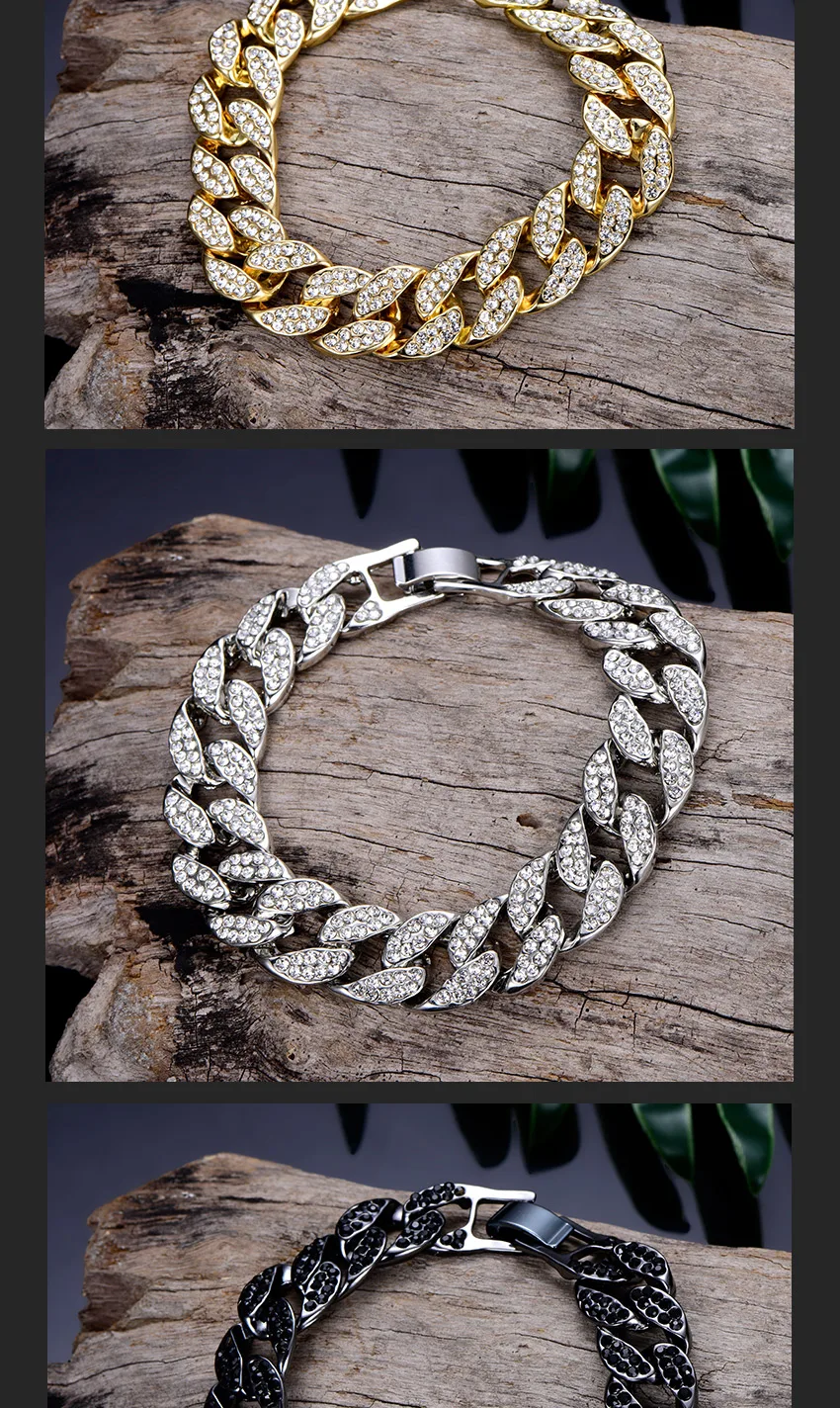 Для мужчин Iced Out кубинский браслет, роскошные стразы, модные звенья цепи, браслеты и браслеты, золотой цвет, хип-хоп, мужские ювелирные изделия