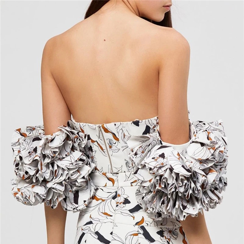 Женская короткая рубашка VGH летняя с принтом вырезом лодочкой пышными рукавами