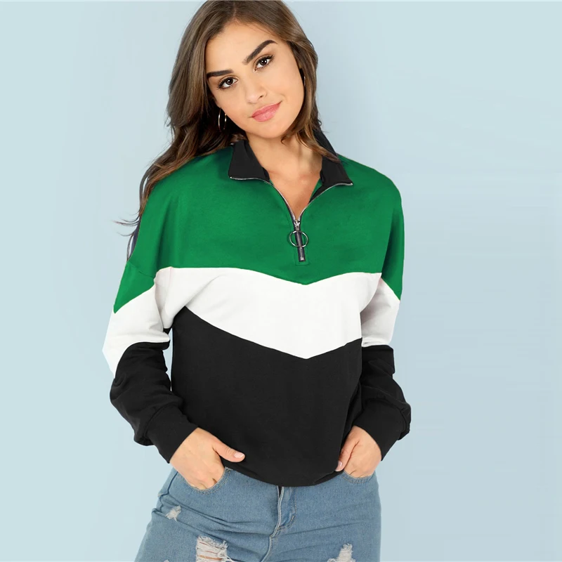 SHEIN Вырезать Шить Свитшот На Молнии Многоцветная Элегантная Толстовка Осенние Женские Кофты С Длинными Рукавами