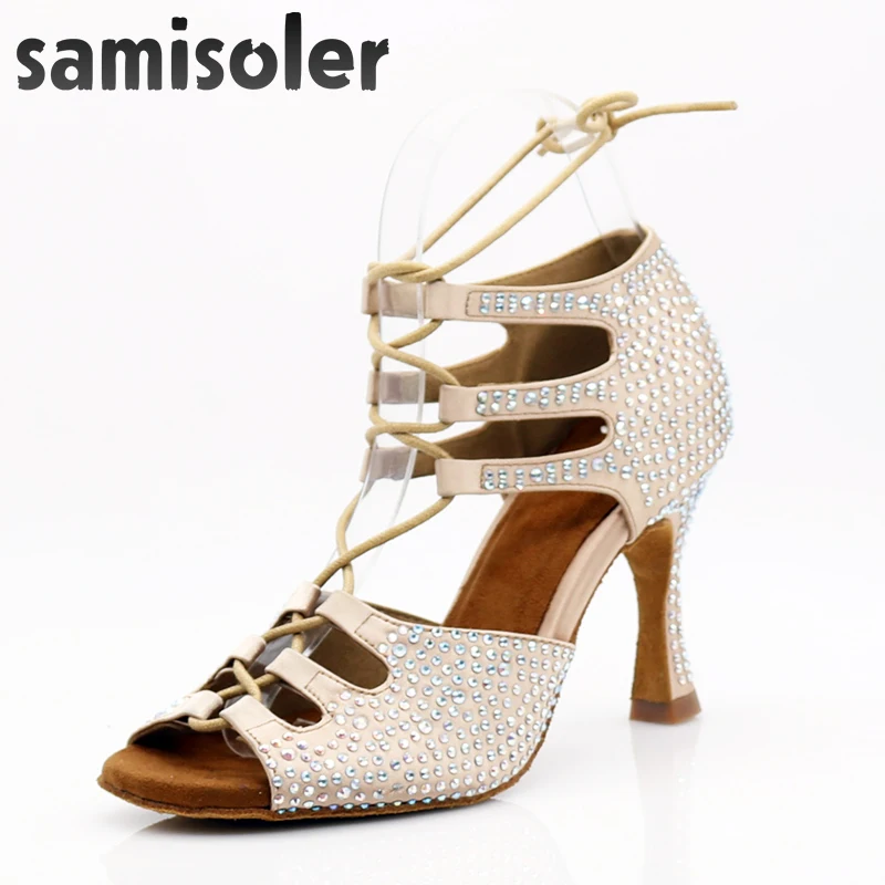 Женская обувь для латинских танцев блестящая из кожи и Сатина Танцевальная со