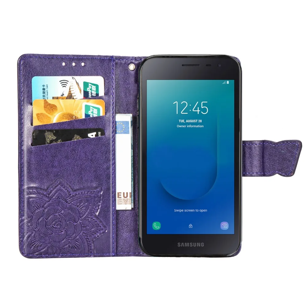 Кожаный чехол-книжка для samsung galaxy J2 Core, чехол с бабочкой и цветком, чехол для samsung galaxy J2 Core J260F, кошелек, чехол для телефона s