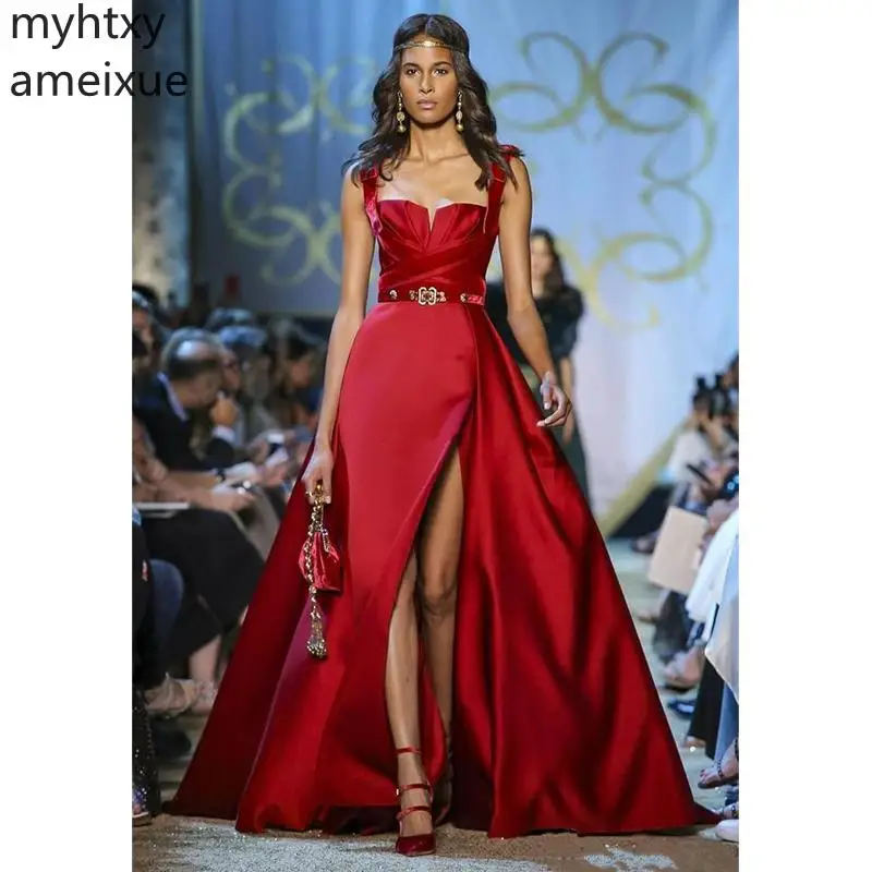Женское вечернее платье Elie Saab красное с разрезом на тонких бретельках для
