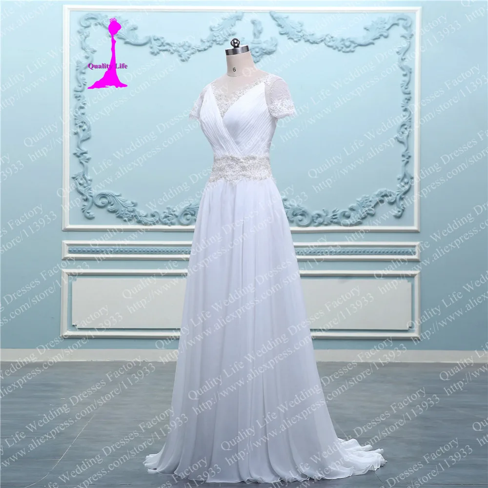 2017 Real Photo Шифон Пляж Кружева С Рукавами Из Бисера Пояс Ruched trouwjurk Vintage robe de mariage