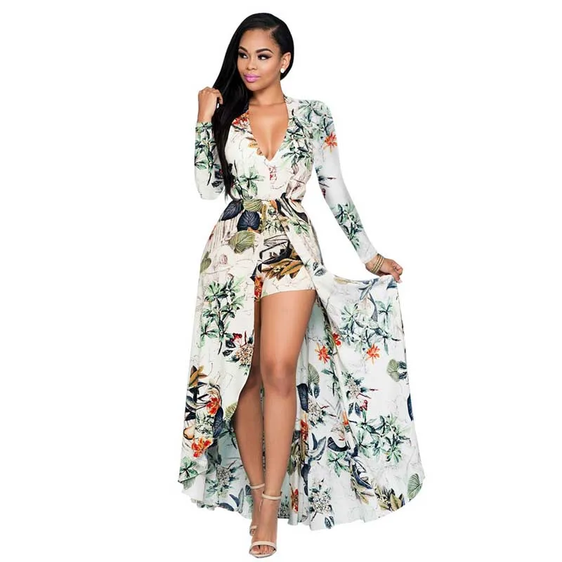 Модное платье с цветочным принтом сексуальное глубоким v-образным вырезом и