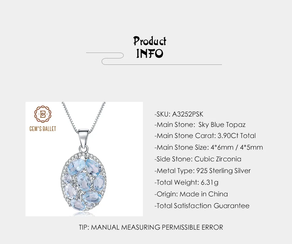 GEM'S BALLET 3.90Ct натуральный Небесно-Голубой топаз драгоценный камень кулон ожерелье для женщин хорошее ювелирное изделие 925 пробы серебро Овальный колье