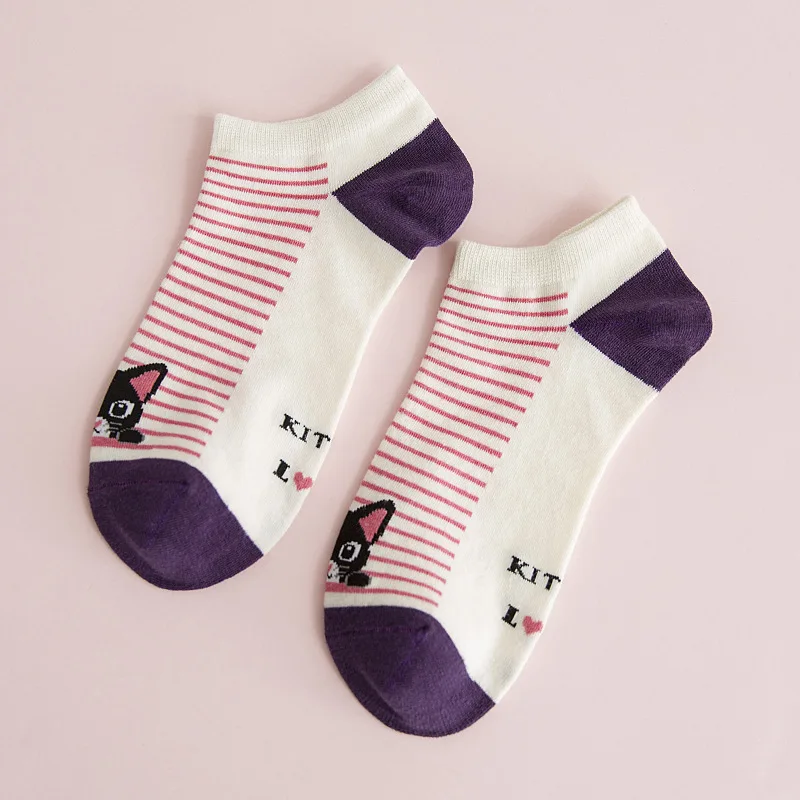 Purple LIONZONE женские летние Kawaii милые носки с мультяшным котом по щиколотку хлопковый с принтом животного милые полосатые носки тапочки - Цвет: Purple