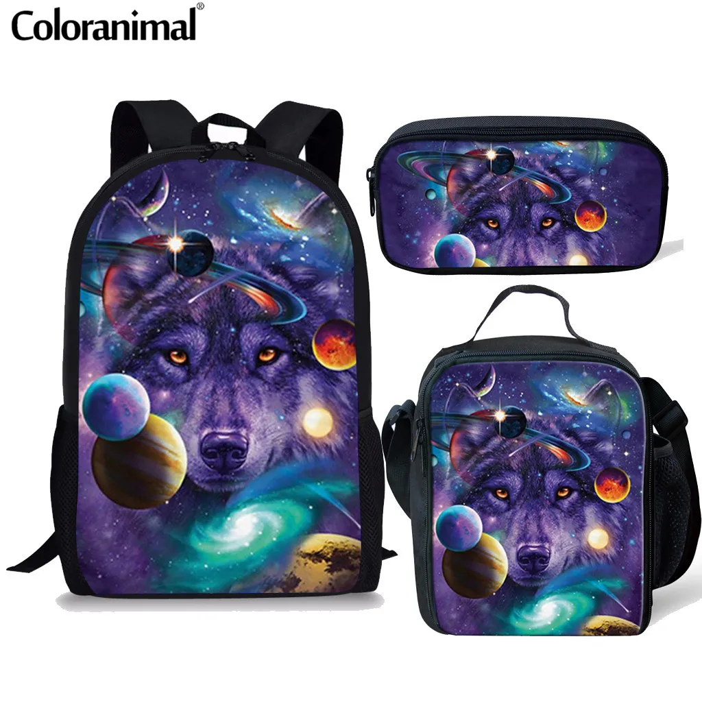 

Coloranimal 3pcs Set Girl Boy Backpack Purple Space Stars Galaxy Wolf Schoolbag College Student Mochila Rucksack Kid School Bags
