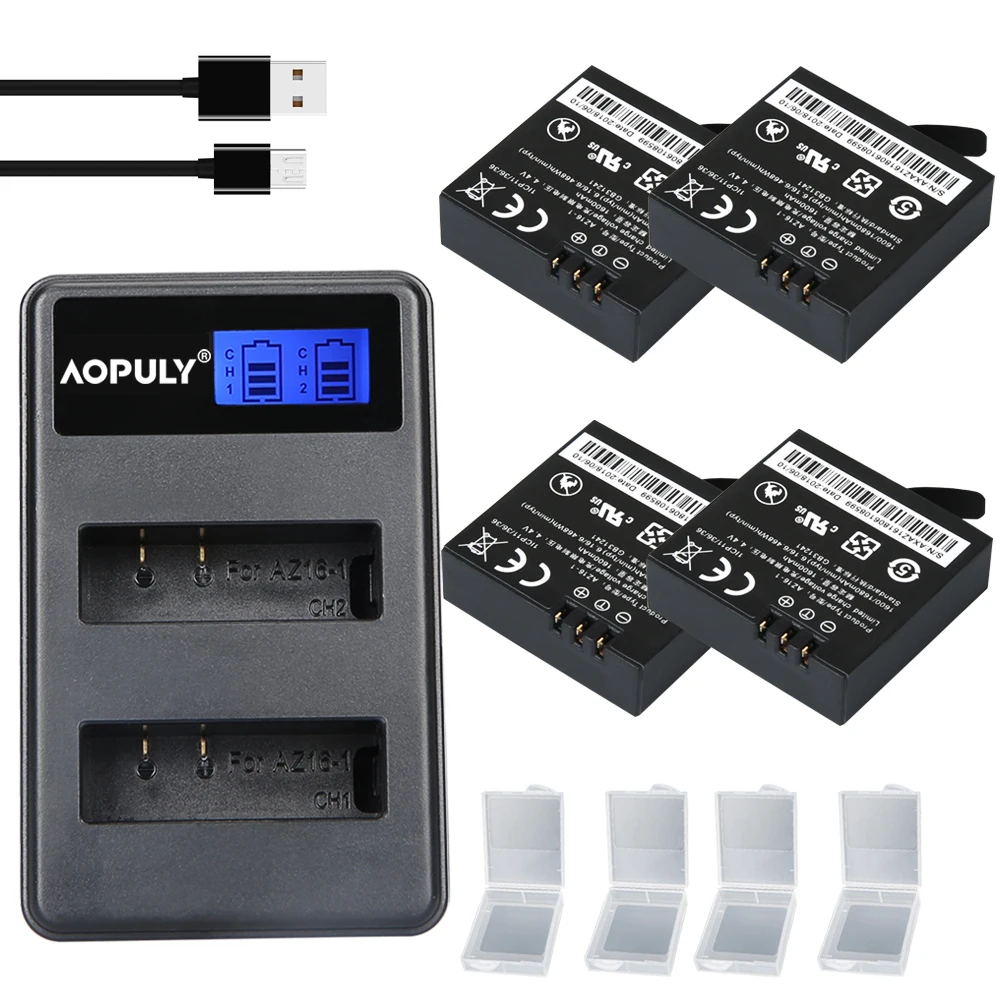 

AOPULY 4Pc 1400mah Original Xiaomi YI 2 4K Battery AZ16-1 + LCD USB Dual Charger For Xiaoyi Action Camera 2 Rechargeable Battery