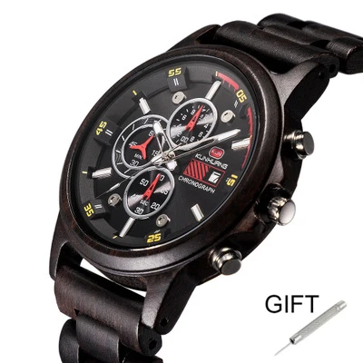 Fashion Wooden Men Watch Natural Zebra Wood Wristwatch with Date and Multiple Time Zone reloj hombre Men's Gift Watches W-K01 - Цвет: SK-01 Ebony wood