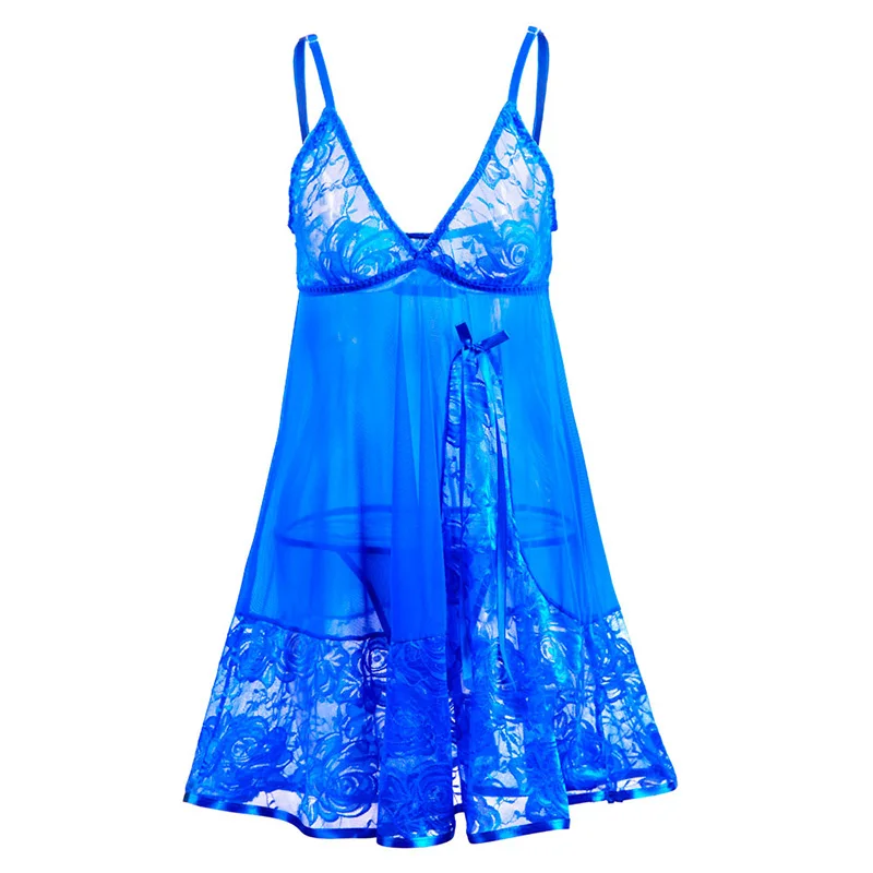 Для женщин сексуальное нижнее белье Babydoll на бретельках, с открытой спиной, кружевное Прозрачная сорочка пикантные костюмы, ночные сорочки плюс Размеры S-6XL - Цвет: Blue