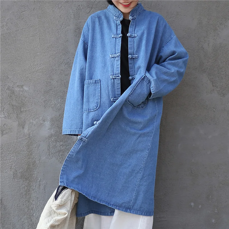 

ORIGOODS Vintage Blue Denim Trench Coat Women Chinese style Loose Style Long Denim Coat Women Autumn Winter Robe Femme D049