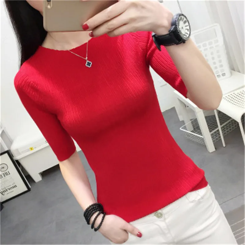 Корейский стиль женский летний свитер с круглым вырезом рукавом до локтя